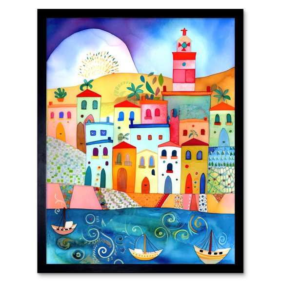 Tunisia Seaside Town Folk Art Art Print Framed Poster Wall Decor 12x16 inch