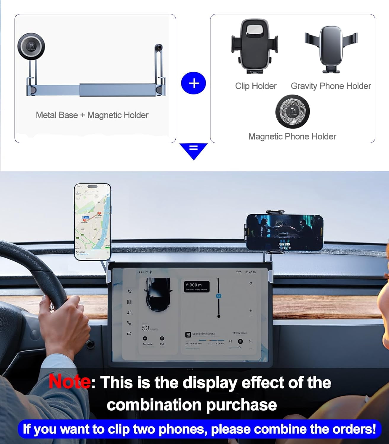 Dual Head Tesla Phone Mount Model Y/3 2026 2025 2024 2023 2022 2021, [Magnetic/Clip] Car Accessories for Tesla Screen Phone Holder Stand, (Fit for Tesla Model Y(Juniper)/3(Highland))