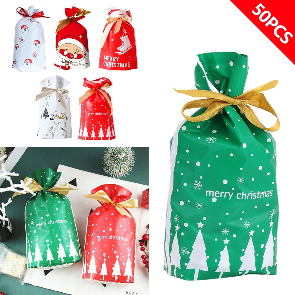 H A Christmas Drawstring Gift Bags,50pcs Holiday Gold Dot Xmas Present Gift Package Candy Sweet Bag Plastic Material Christmas Goody Bags for Wedding Anniversary Merry Christmas Party 