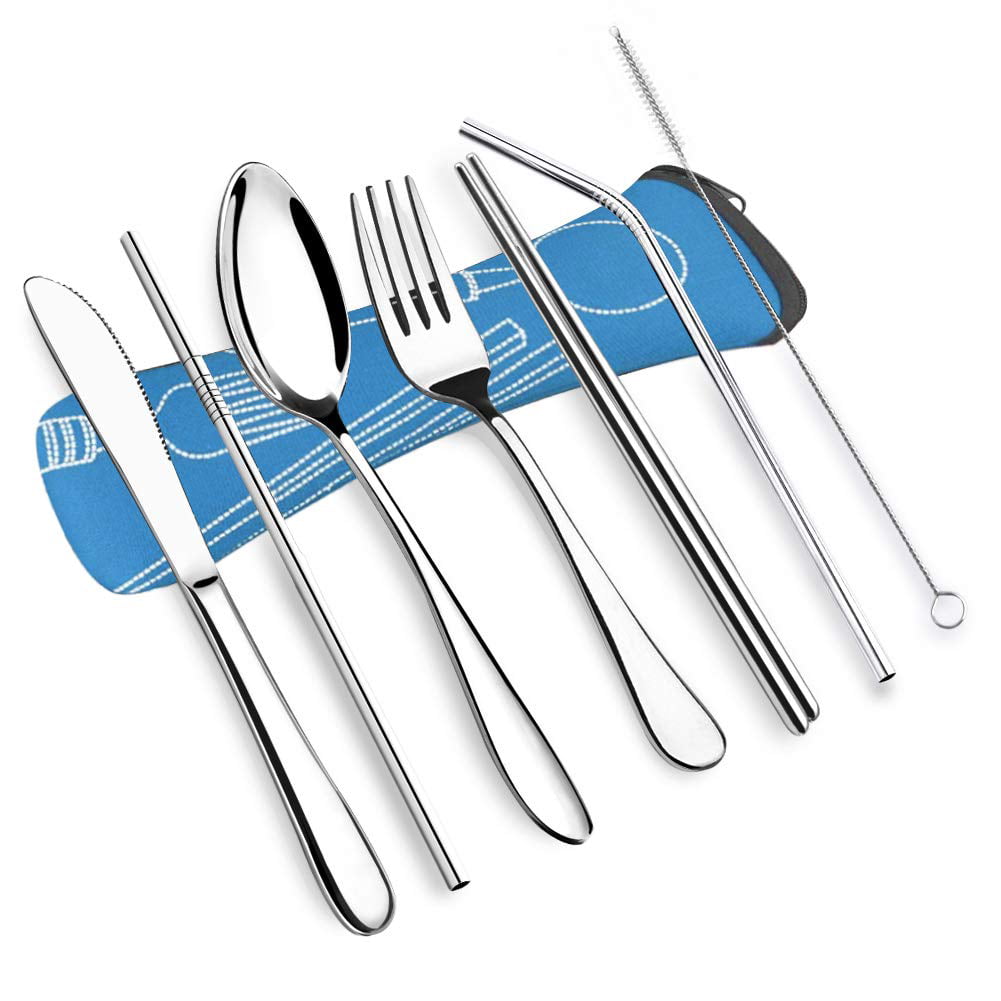Camping Reusable Spoon Fork Chopsticks Metal Straw Dinnerware Set Tableware US 