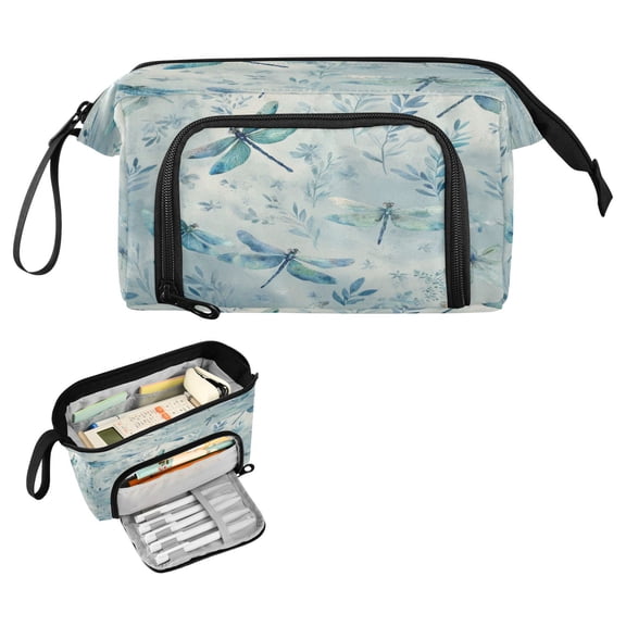 Nylon Fish Mouth Pencil Case with Large Capacity Zipper Pencil Pouch Delicate Dragonflies Pattern Pencil Bag Organizers