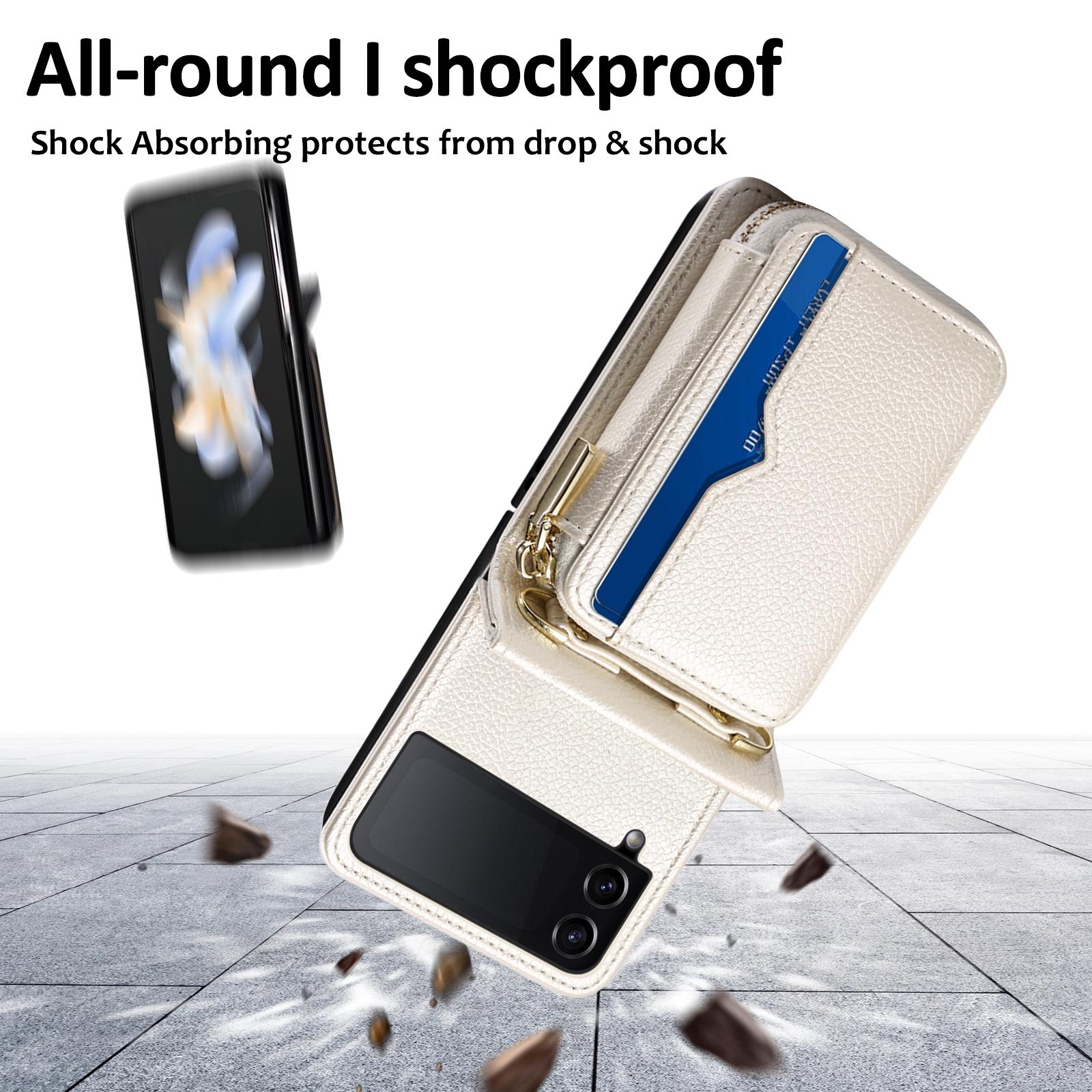 Allytechgroup Zipper Wallet Phone Case for Samsung Galaxy Z Flip 3, with Stylish Crossbody Strap Cards Slots RFID Blocking Shockproof Protective Luxury Case for Girls Women, White