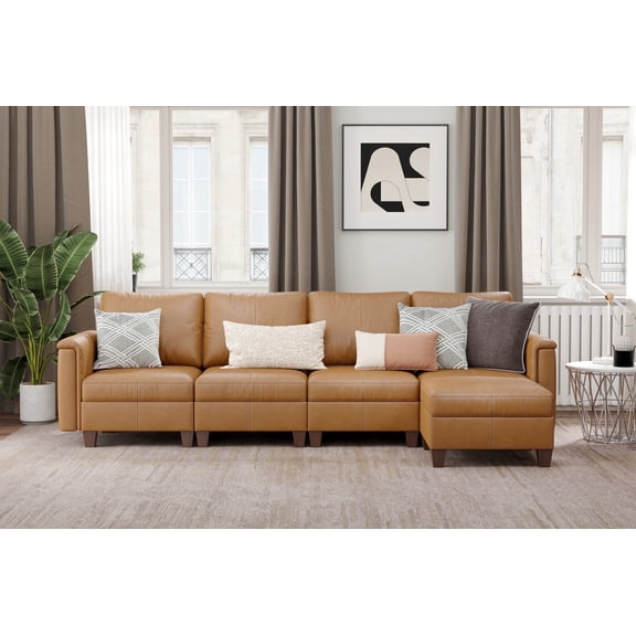 SITJOY 118" Faux Leather Modular Sectional Couches with Storage, Convertible 5 Seat L-Shaped Sectional Sofa with Ottoman for Living Room, Brown