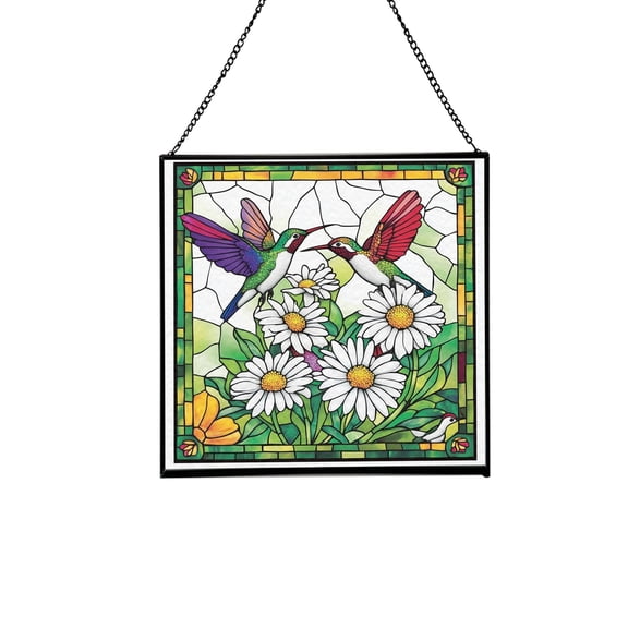 Daisy and Hummingbirds Stained Glass Panels Window Hangings Tiffany Glass Traditional Art Crafts for Home Decor Gifts Square design, 8in 68OR11