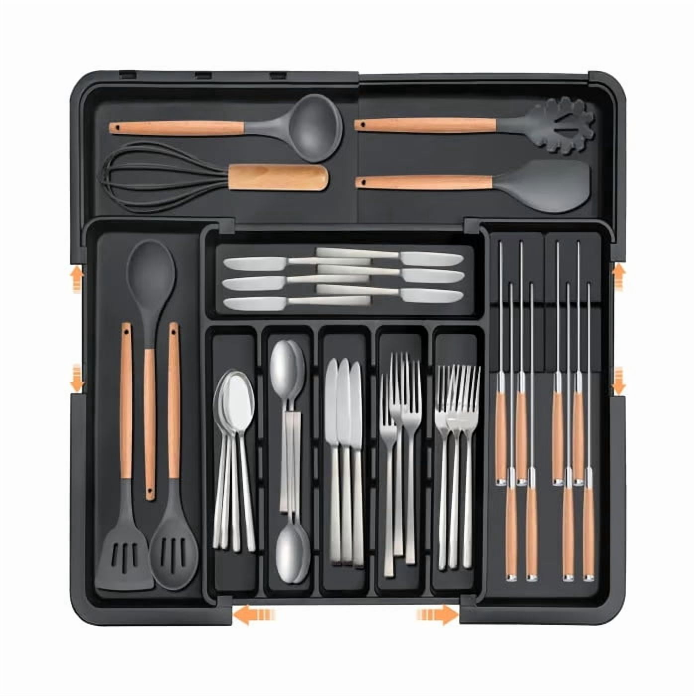 Expandable Kitchen Utensil Organizer Drawer Tray, 9 Compartment Silverware Storage Box, Adjustable Drawer Divider for Forks Knives Spoons, Scalable Kitchen Tool Organizer, Easy Clean Drawer Tray