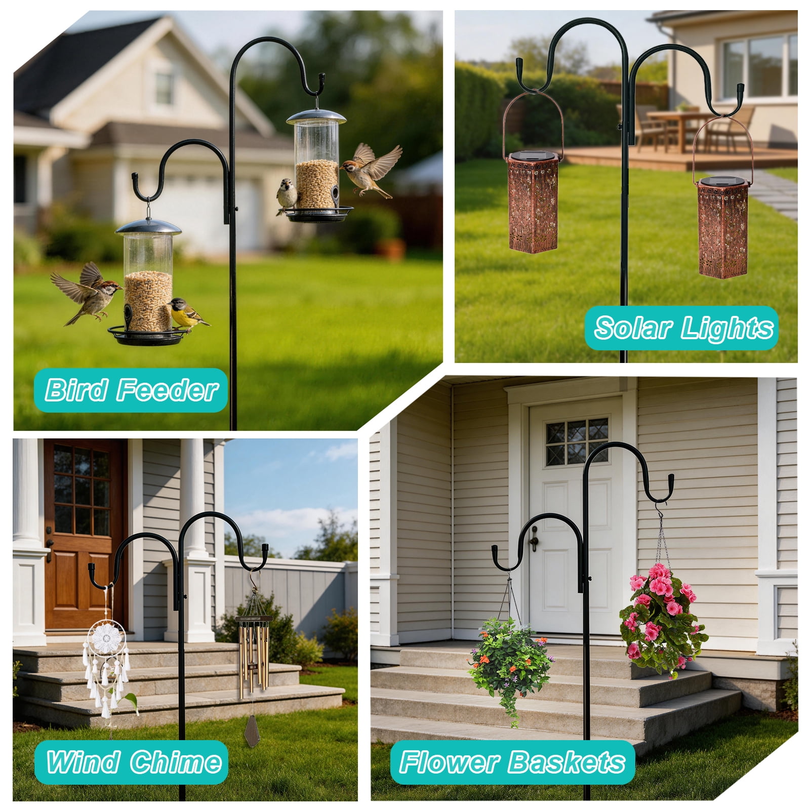 AGCAN Double Shepherds Hook for Outdoor, Heavy Duty Bird Feeder Pole with 5-Prong Base, Adjustable 94 Inch Garden Hook for Hanging Plant Baskets, Solar Light Lanterns, Wind Chimes