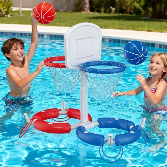 Dual Pool Basketball Hoop with Backboard for Boys Girls 2-in-1 Floating Pool Toys Ring Game 4 Balls 8 Rings & Pump Outdoor Swimming Pool Basketball Games Water Play Summer Toy for Adults and Family