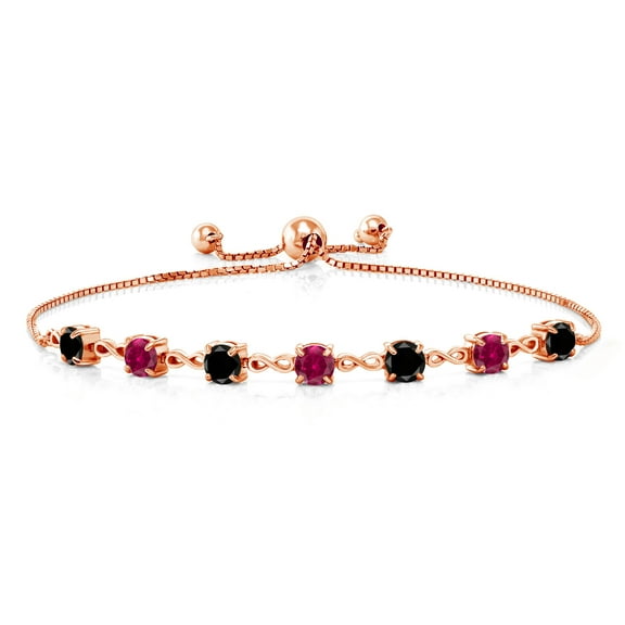 Gem Stone King 18K Rose Gold Plated Silver Black Diamond and Red Created Ruby Infinity Tennis Bracelet for Women (2.68 Cttw, Gemstone April Birthstone, Round 4.5MM, Fully Adjustable up to 9 inch)