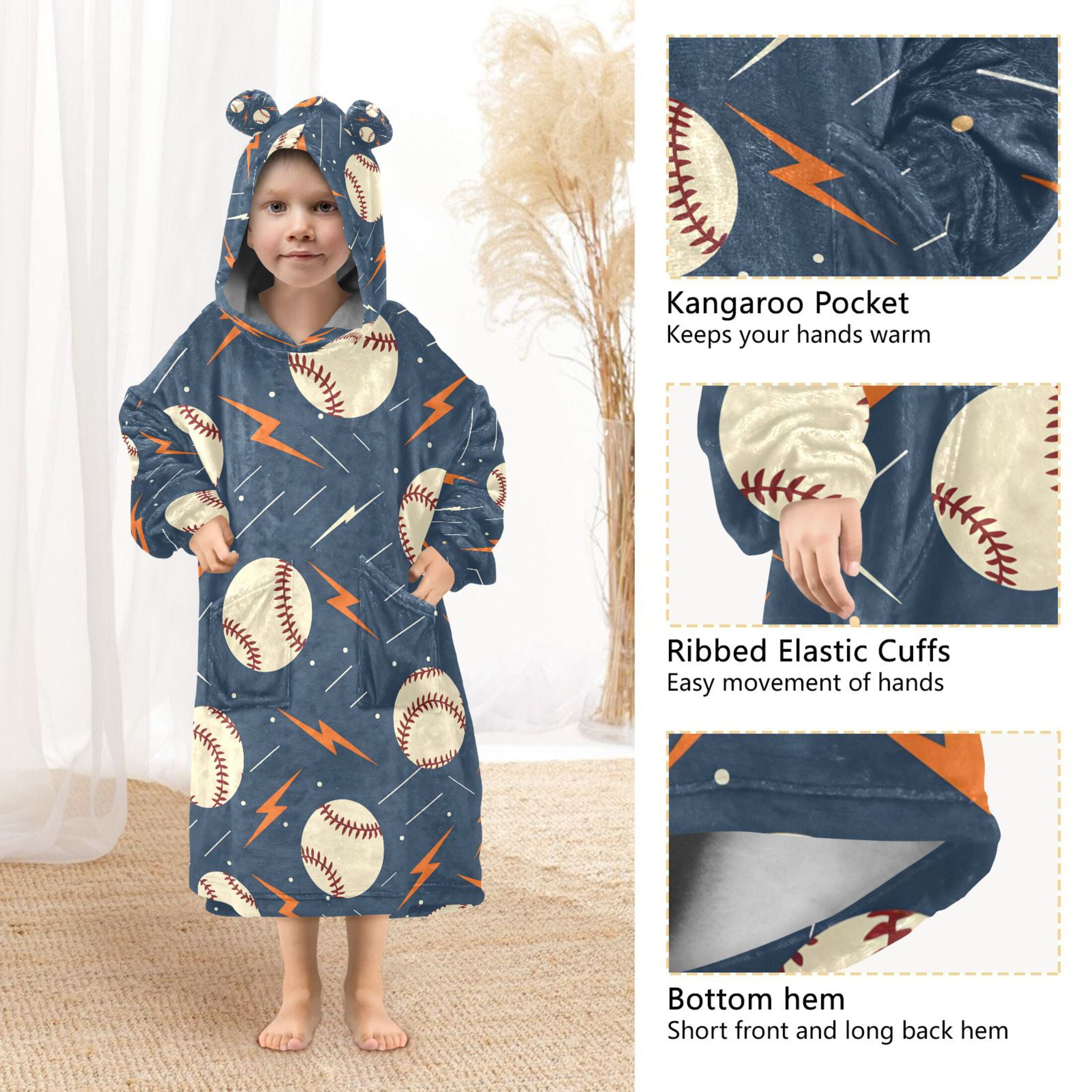 joogoo Wearable Blanket Hoodie for Baseballs with Lightning Oversized Sherpa Hooded 3-14 YR M