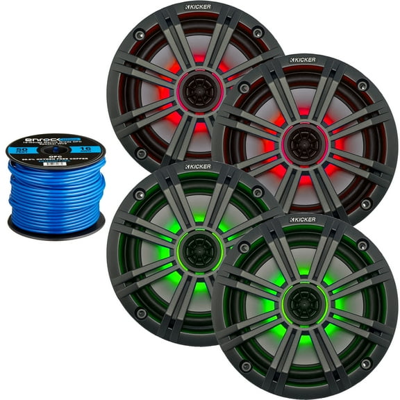 2 Pairs (4 Speakers Total) of Kicker 6.5" OEM Replacement 195W Marine Coaxial 2-Way Speakers (Charcoal Grilles) w/ MultiColor LED Lighting Capability, Enrock 16-Gauge Speaker Wire