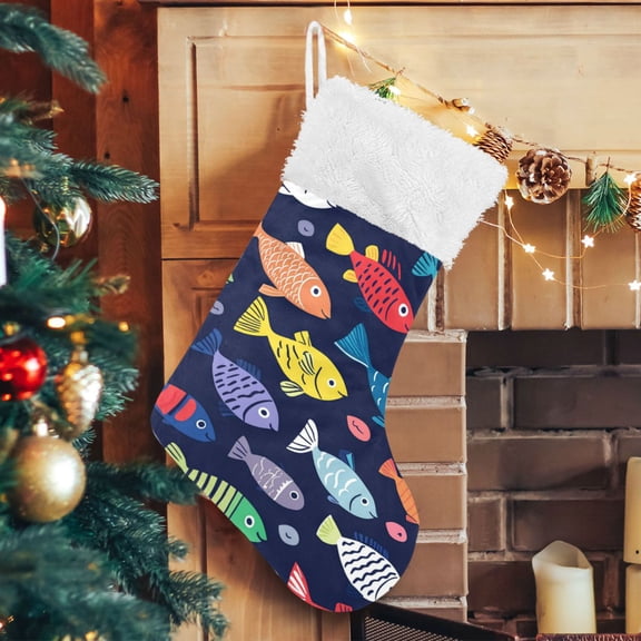 RMDQTR Christmas Stockings for Xmas Gifts - Large Size Festive Holiday Decor for Family Hand-drawn Fish