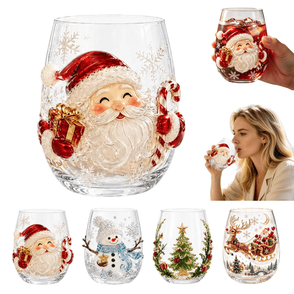 Christmas Glass Art Cup, 3D Santa Snowman Reindeer Tree Drinking Glass Cup, Christmas Stemless Wine Glasses, Drinking Glass Cup for Coffee Cocktails Whiskey Soda & Christmas Gift(Santa)