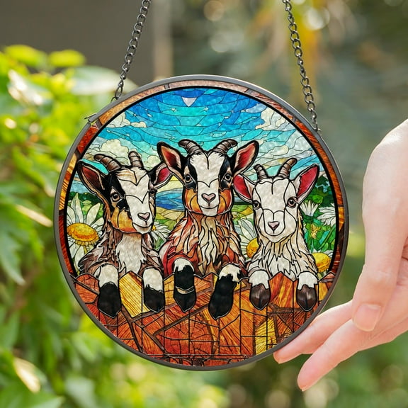 Lotusprinthandmade Cute Colorful Goats Graphic Stained Glass Suncatcher for Window Hanging Cir4in, goats stained glass suncatcher, goats window hanging