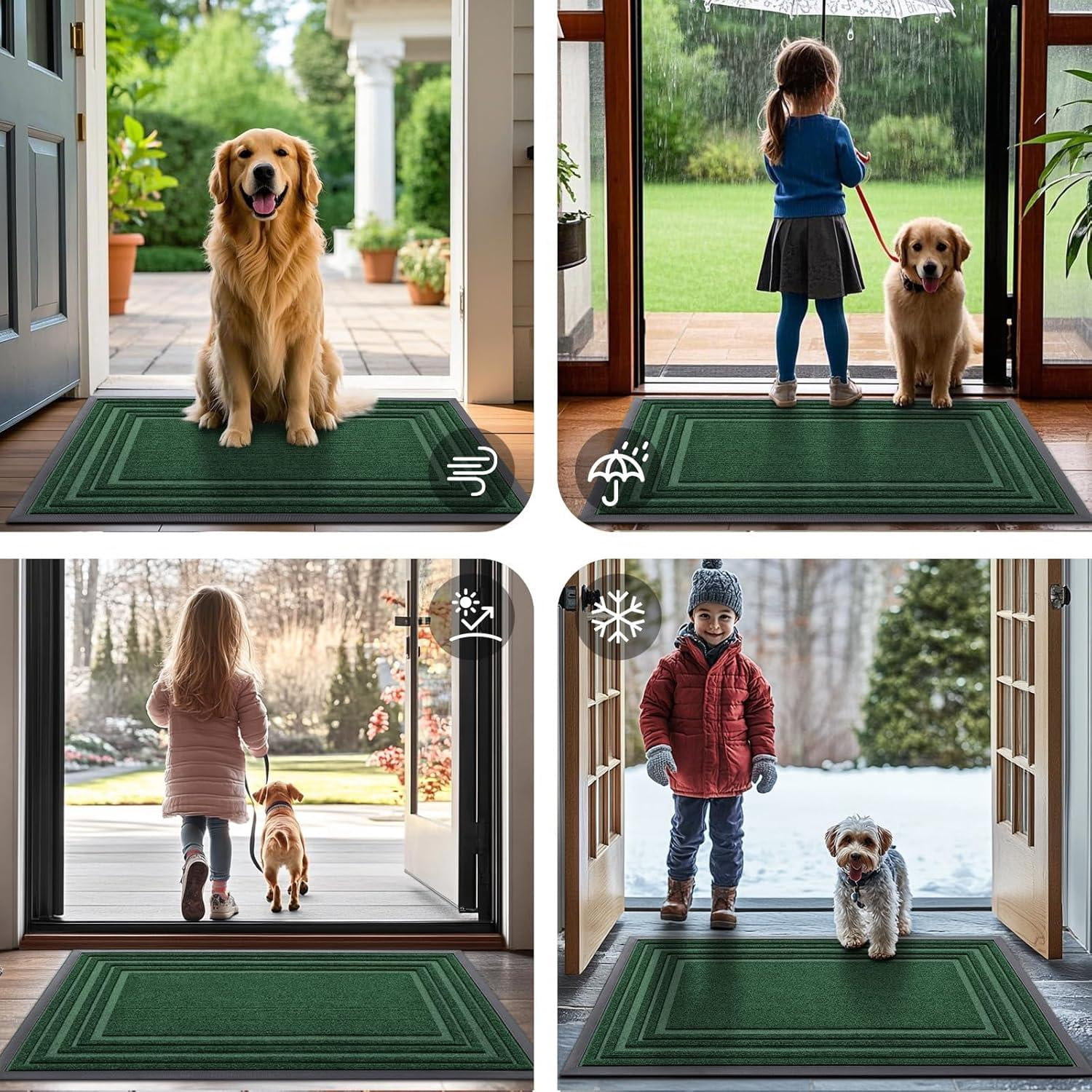 Buganda Heavy Duty Door Mats, Non Slip Waterproof Rubber Doormats for Outdoor and Indoor, Low Profile Dirt Trapper Entry Rugs, 29"x17", Green