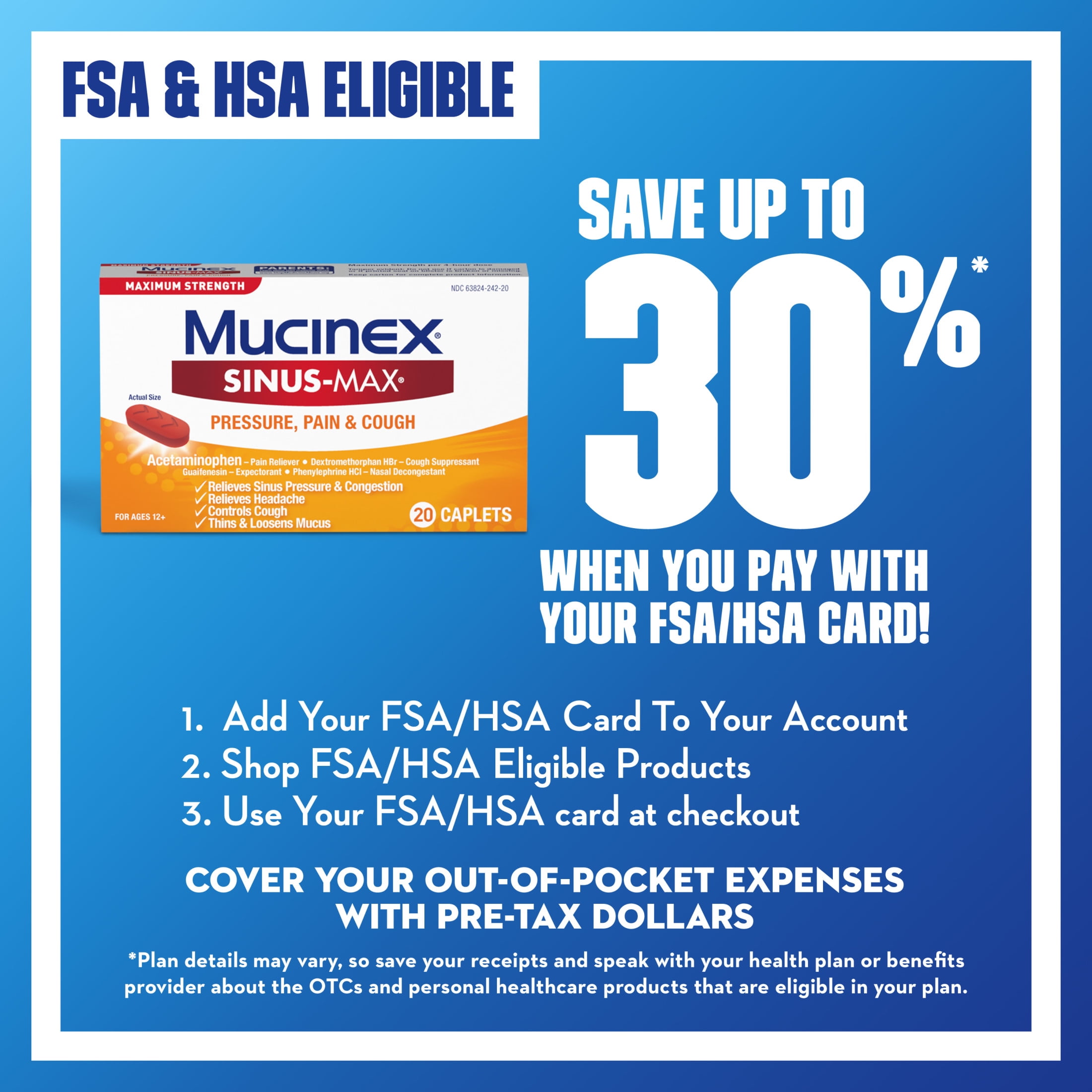 Mucinex Sinus-Max Pressure, Pain & Cough Medicine, OTC Headache Relief, 20 Caplets
