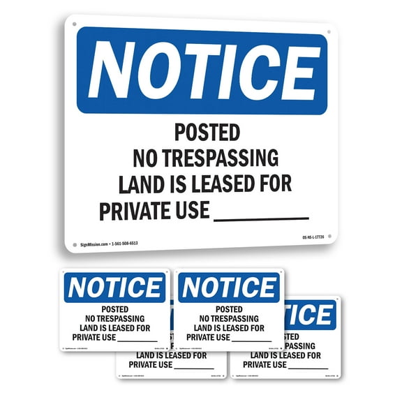 Posted No Trespassing Land Is Leased For OSHA Notice Rigid Plastic Sign 14 Inch x 10 Inch - 5 Pack