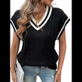 thumbnail image 3 of Chaleco Tipo Suéter Extragrande para Mujer, Cuello en V, Mangas , Tejido de Punto , Suelto, A Rayas, Sin Mangas Negro XL, 3 of 9