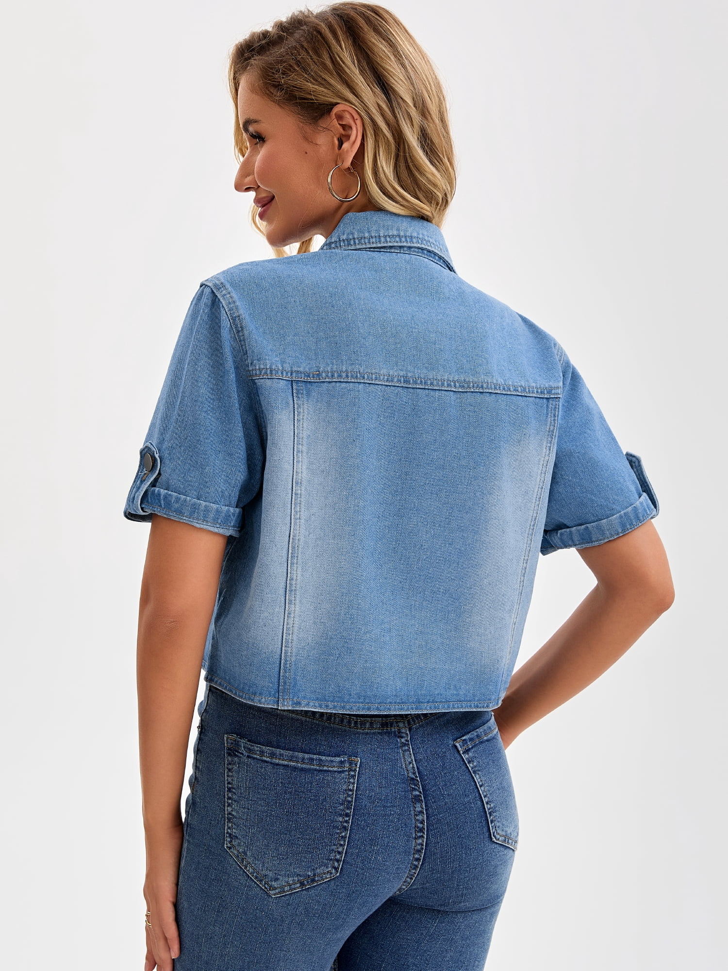 DARING DIVA Women's Short Sleeve Denim Collared Button Up Cropped Jean Jacket M Blue