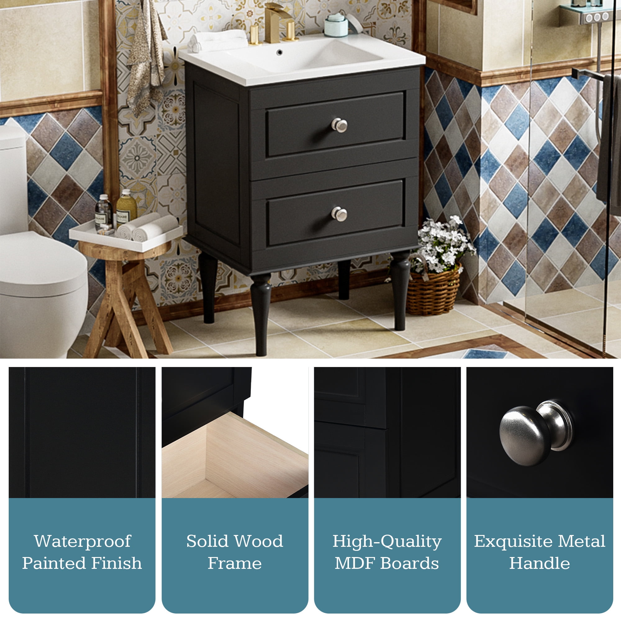 Euroco 24'' Bathroom Vanity Cabinet with Ceramic Sink Combo Set, Solid Wood Frame Modern Bathroom Storage Cabinet with 2 Drawers
