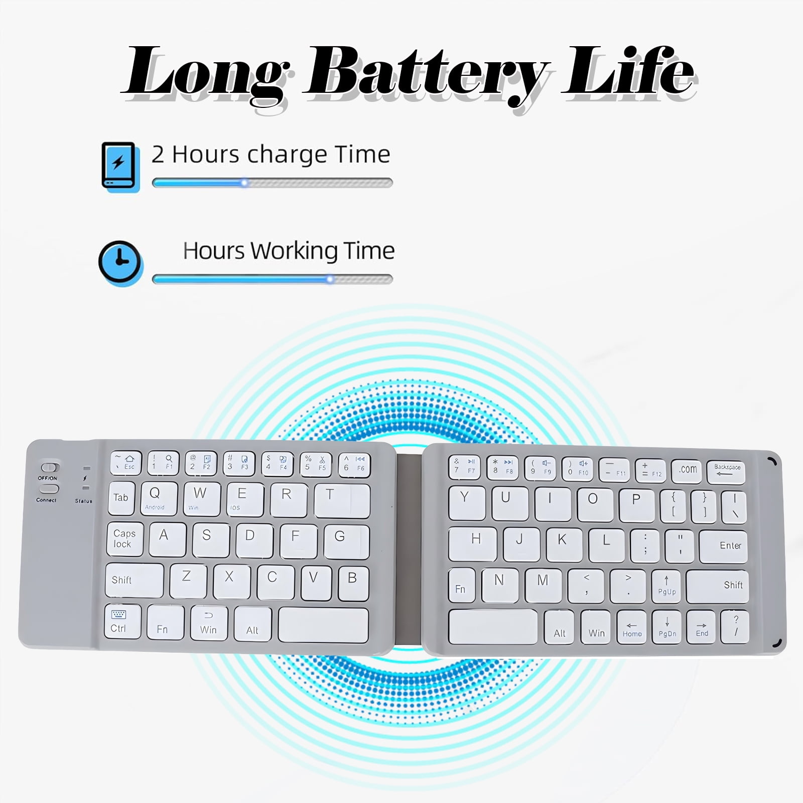 RONY Foldable Bluetooth Keyboard: Rechargeable Folding Wireless Keyboard Full Size Ultra Slim Folding Travel Keyboard for Android Windows System Laptop Tablet Smartphone, White