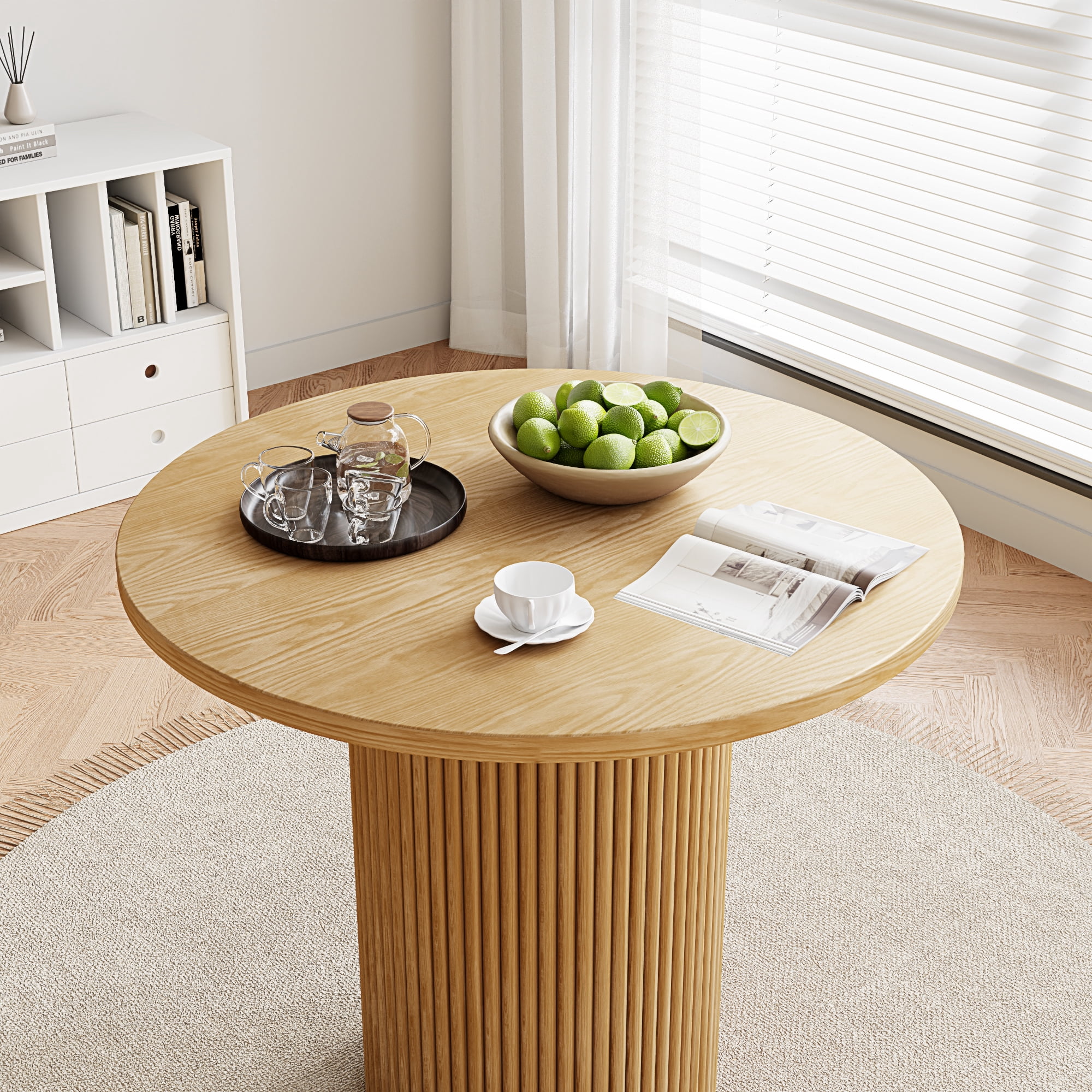 Rophefx 35.4" Solid Wood Round Dining Table with Handcrafted Relief Pedestal,Circle Dining Table,Natural