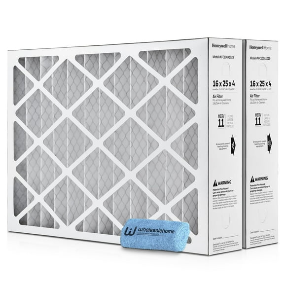 16x25x4 Air Filter Replacement MERV 11, FC100A1029 Pleated HVAC AC Furnace Filters with Wholesalehome Cleaning Cloth, 2-Pack (Actual Size: 15.94 x 24