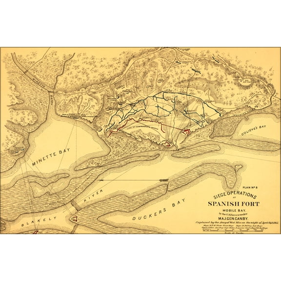 24"x36" Gallery Poster, map of Siege Spanish Fort, Mobile Bay, Alabama