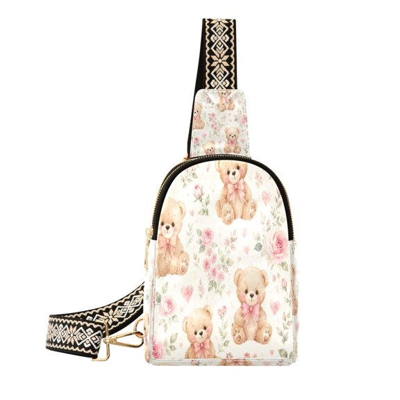 Stylish Leather Crossbody Bag 8.46x5.9x2.16In Easy To Carry Multi-Purpose Travel Hiking Shopping Fashion Teddy Bear Floral