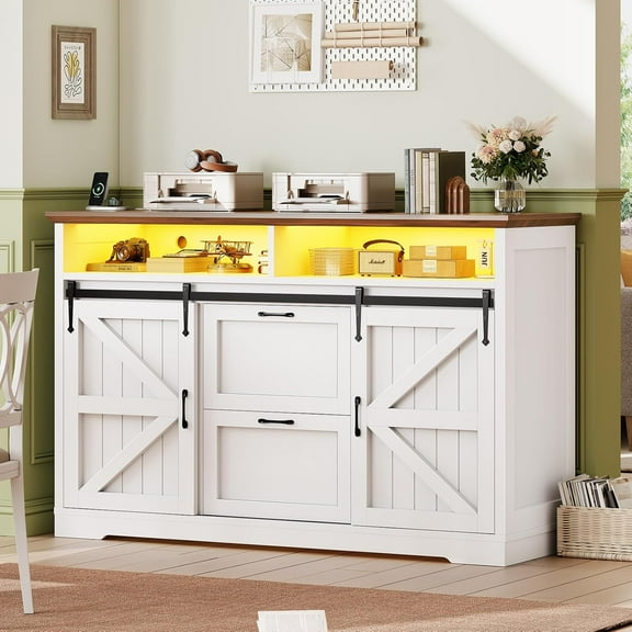 Farmhouse File Cabinet with 2 Drawers, 47" Horizontal filing cabinet with LED Lights & Power Outlets for Office, Filing Cabinet with 2 Sliding Barn Doors, Large Storgae Cabinet for Home, White