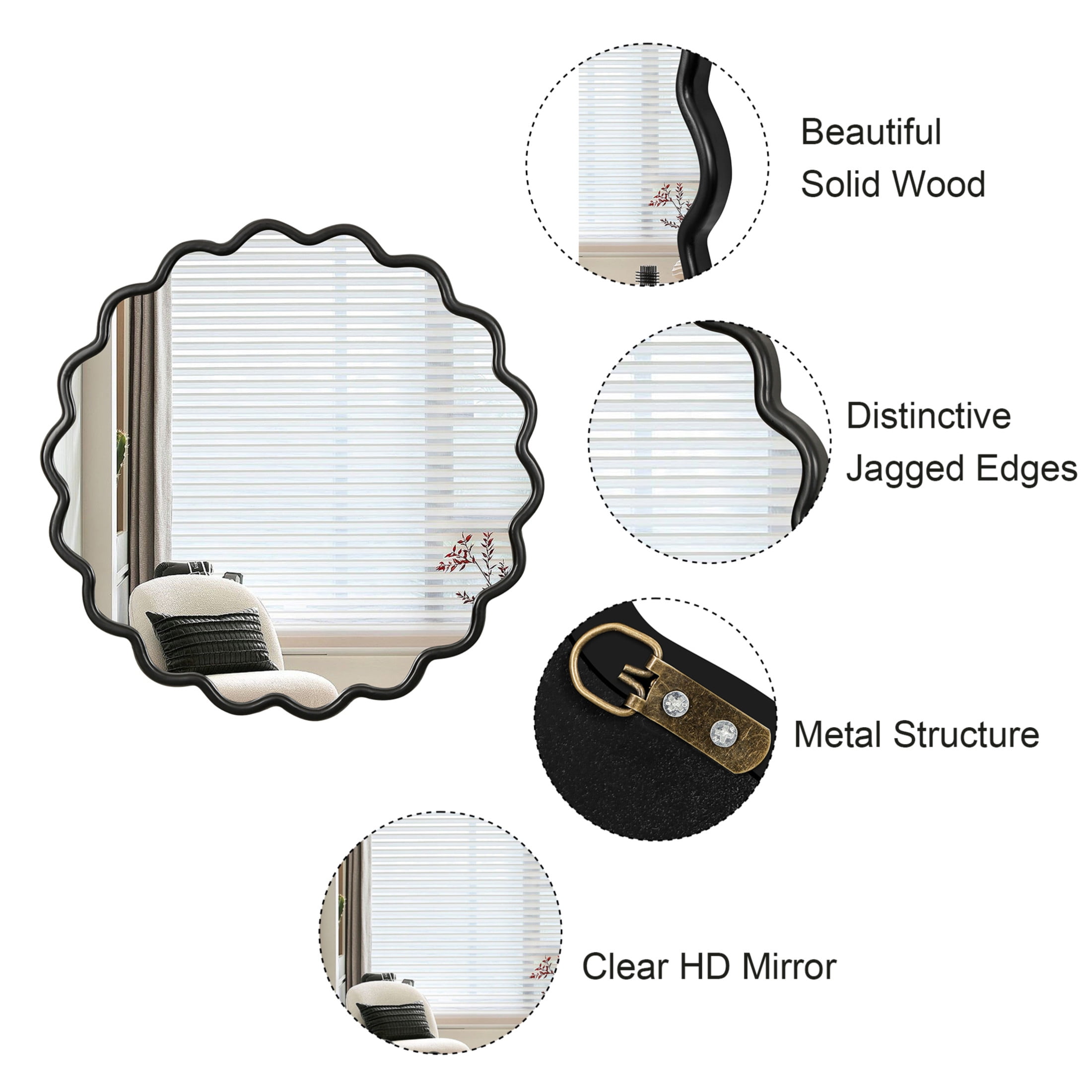 Noble House Wavy Solid Wood Vanity Mirror, Modern Wall Decor for Bathroom, Bedroom, or Entryway, Black