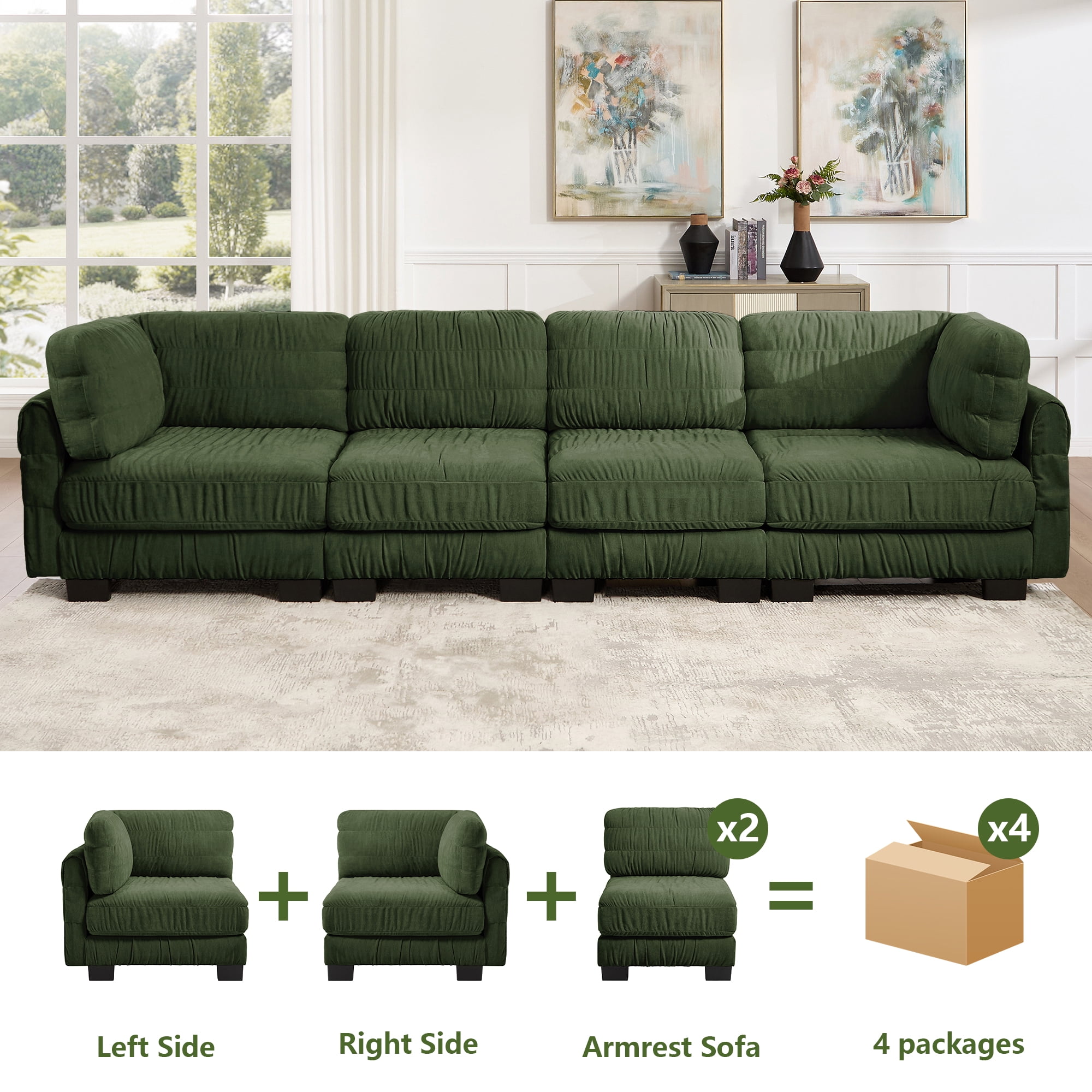 140" 4 Seat Ruched Chenille Modular Sectional Sofa with L Shape Back Cushions,Easy Assembly