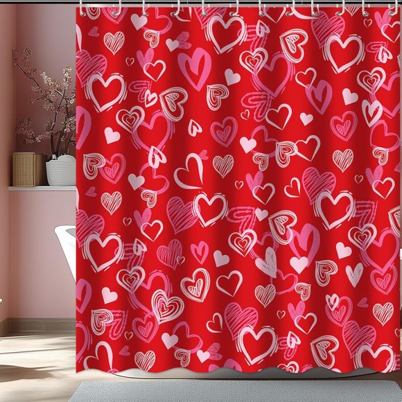 Rideau de Douche de la Saint-Valentin avec 12 Crochets, Rideau de Douche Rouge à Cœur d'Amour Doux pour Décorations de la Saint-Valentin, Tissu Imperméable pour Bain et Douche 72 X 72 Po (Rouge, 72 Pieds''' X 72 Pieds''')