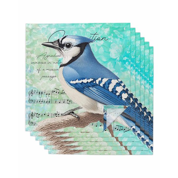 nqOlkjepod Blue Bird Cloth Napkins Set of 6 Reusable Dinner Napkins, Music Farmhouse Animals Country Cocktail Napkin Washable Table Napkins for Wedding/Holiday Party/Baby Shower 20"x20"