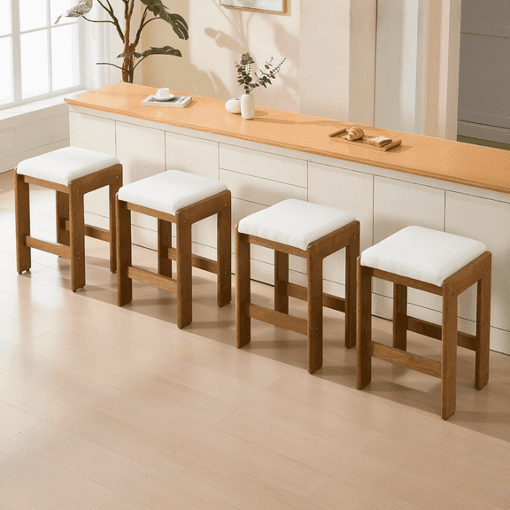 Guyou 27" Farmhouse Wooden Bar stools, Backless Saddle Counter Height Stools with Upholstered Cushion for Kitchen Island/Counter/Bar, Linen Beige(Set of 4)