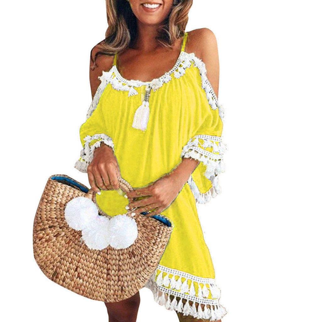 yoyorule-Summer Dress Women Off Shoulder Dress Tassel Short Cocktail Party Beach Dresses Sundress