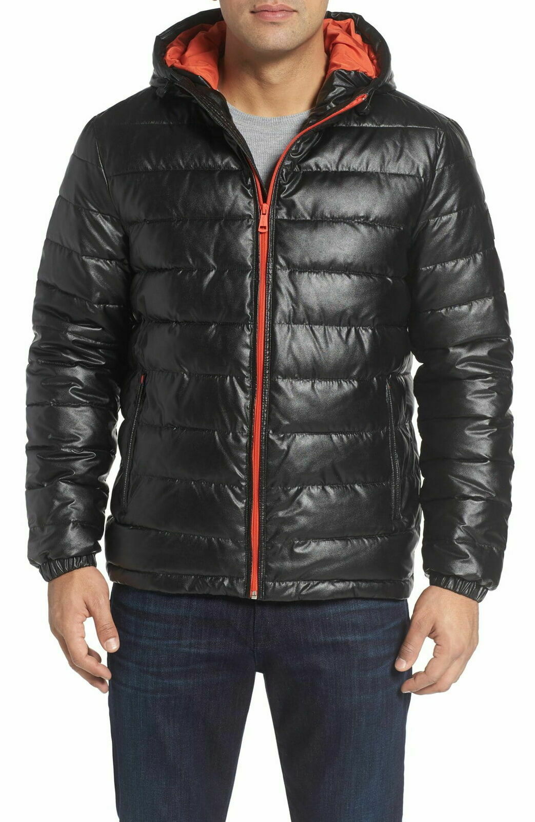 Mens Jacket Medium Quilted Faux-Leather 