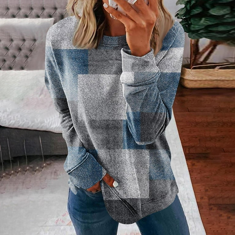Knosfe Petite Tops Long Sleeve Geometric Color Block Plus Size Tunic  Sweatshirts for Women Casual Crewneck Dressy Basic Pullover Fall Clearance  Womens