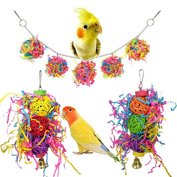 View of Parrots Chewing Foraging Toy With Long Chain,Bird Cage Hammock Hanging ...