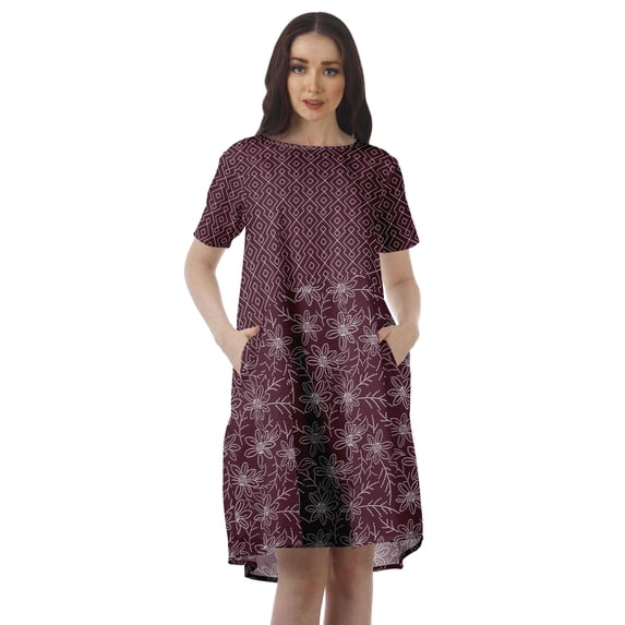 Moomaya Short Sleeve Dresses Women Scoop Neckline Printed Dresses With Pockets