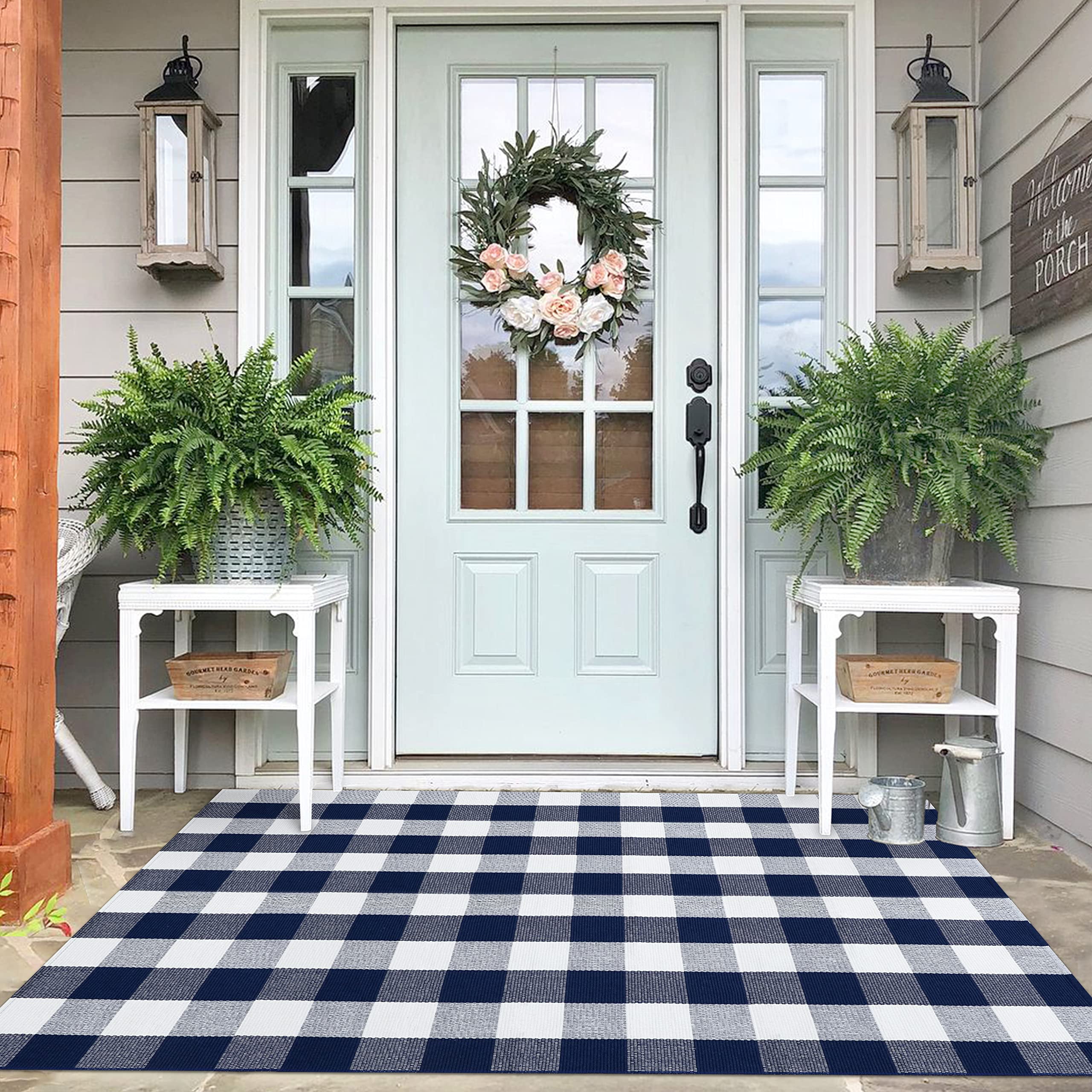 4x7 Ft Buffalo Check Rug Blue&White Rug Indoor Outdoor Door Mat Porch  Kitchen
