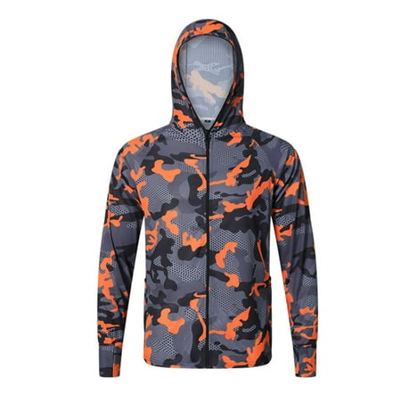 Guieoi Mens Coats and Jackets Winter Men Outdoor Long Sleeve Zipper Hooded Breathable Camouflage Thin Fishing Clothes Sun Protection Clothing Orange