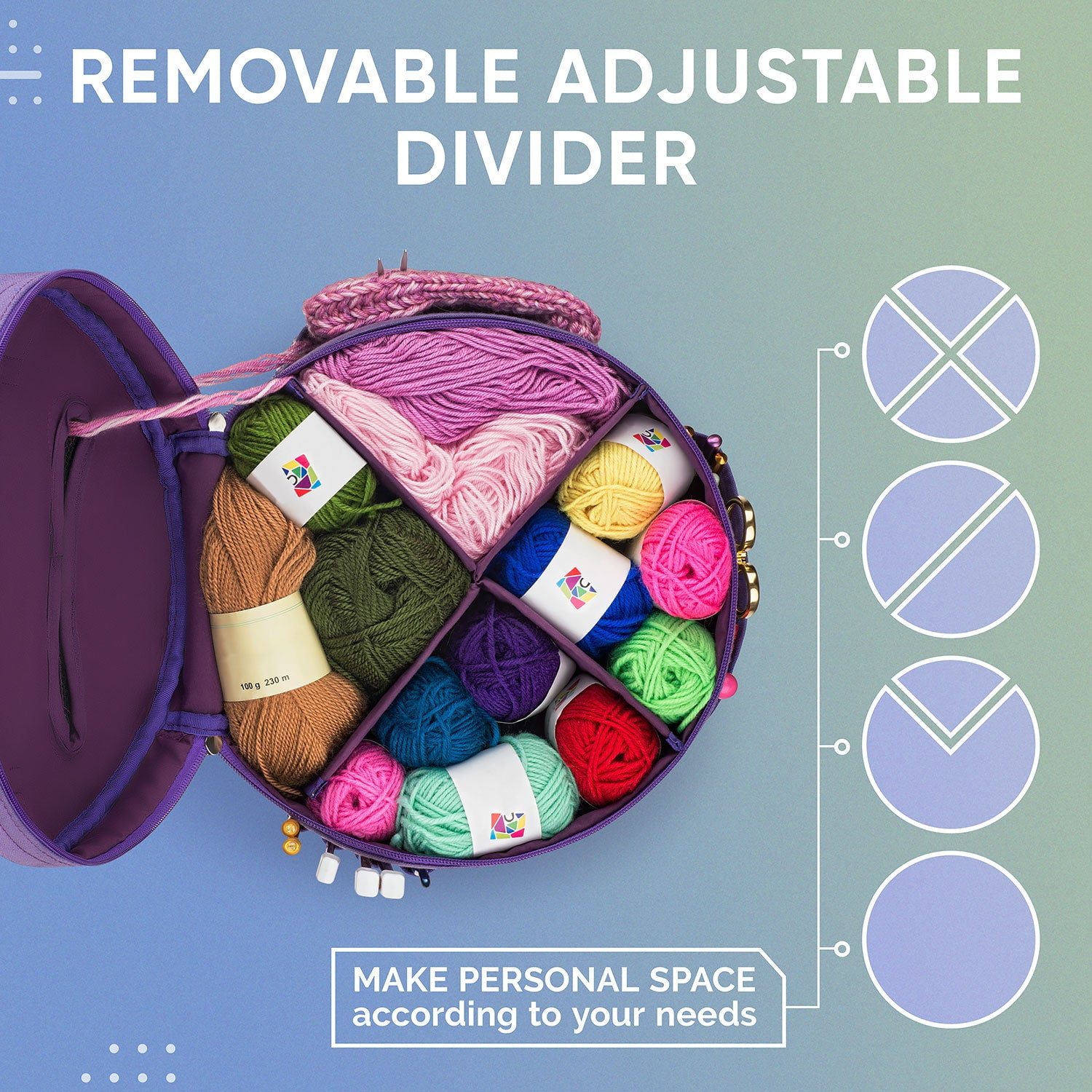 Craftiss Yarn Storage Bag - Purple Tote Yarn Bag, Durable Knitting and Crochet Organizer with Needle Case