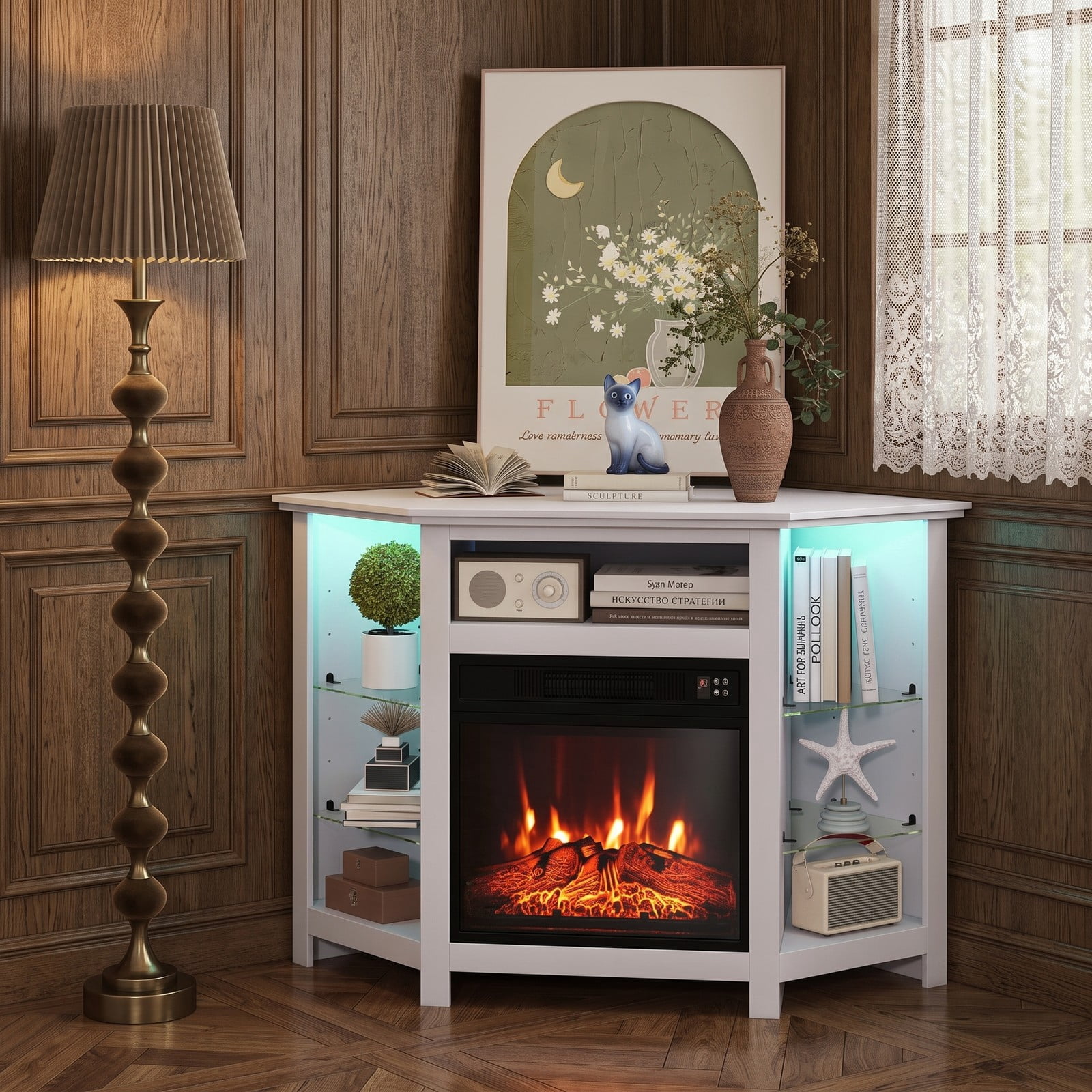 Furnibear Corner Fireplace TV Stand with LED Lights and Smart APP Control for TVs up to 50 Inches, Electric Media Console with Glass Shelves and Adjustable Flame, White