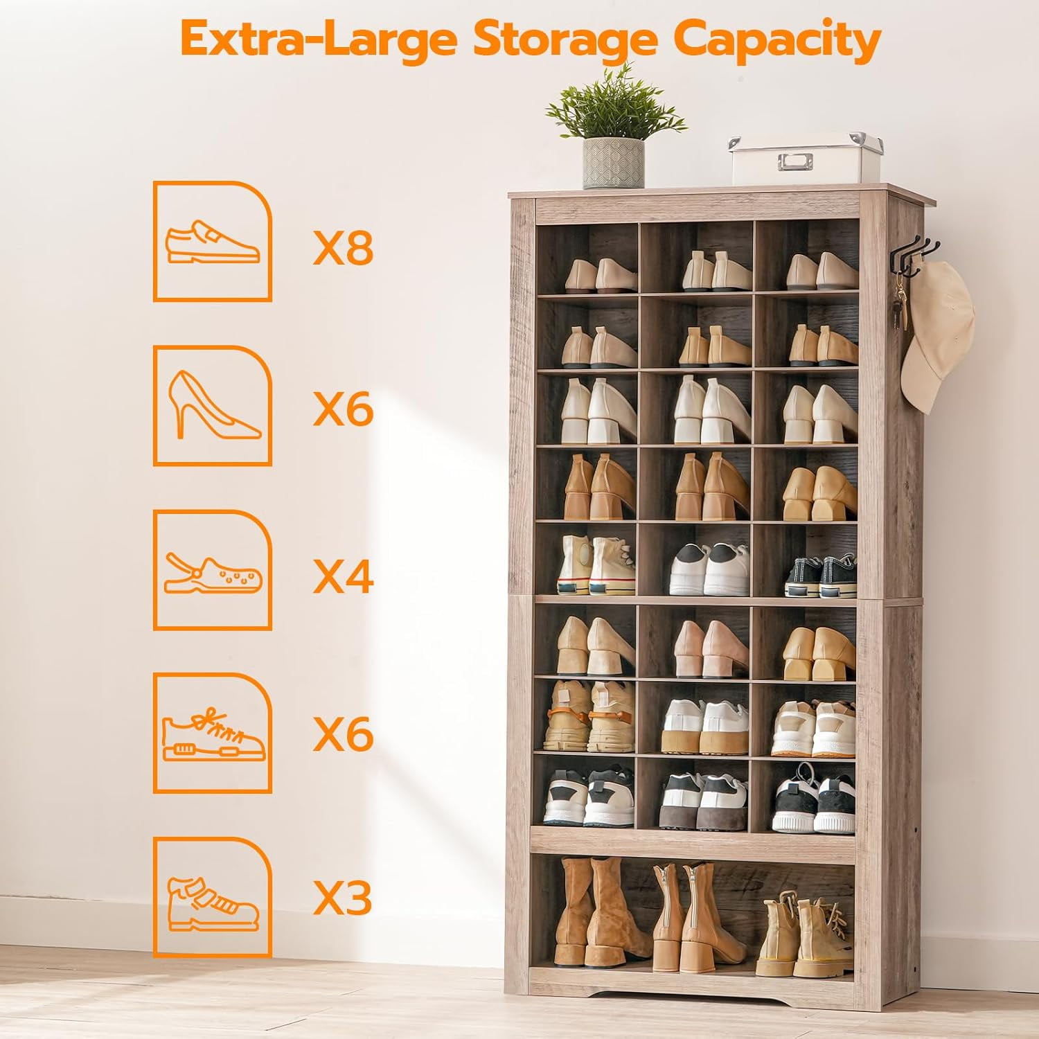 HOOBRO Shoe Cabinet 8-Tier Heavy Duty Shoe Rack with 24 Cubbies and 3 Hooks Entryway Closet Living Room Gray BG24SC01