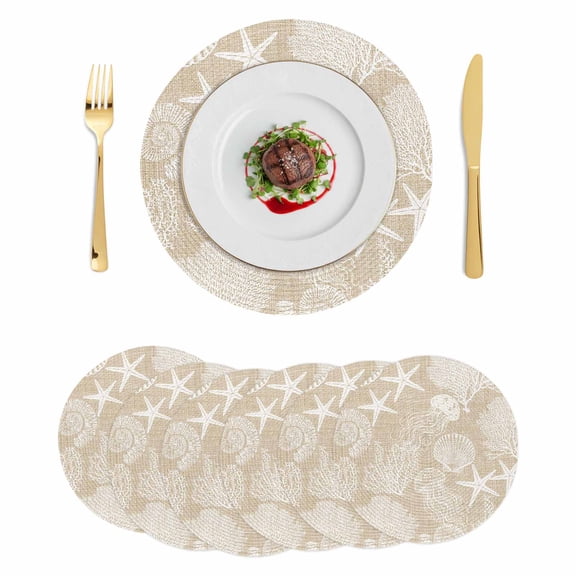 Brown Beige Coastal Round 13 Inch Placemats Set of 6, Nautical Starfish Coral Jellyfish Shell Sea HeatResistant Non Slip Place Mats for Dining Table, Wipeable Kitchen Table Mats for Housewarming
