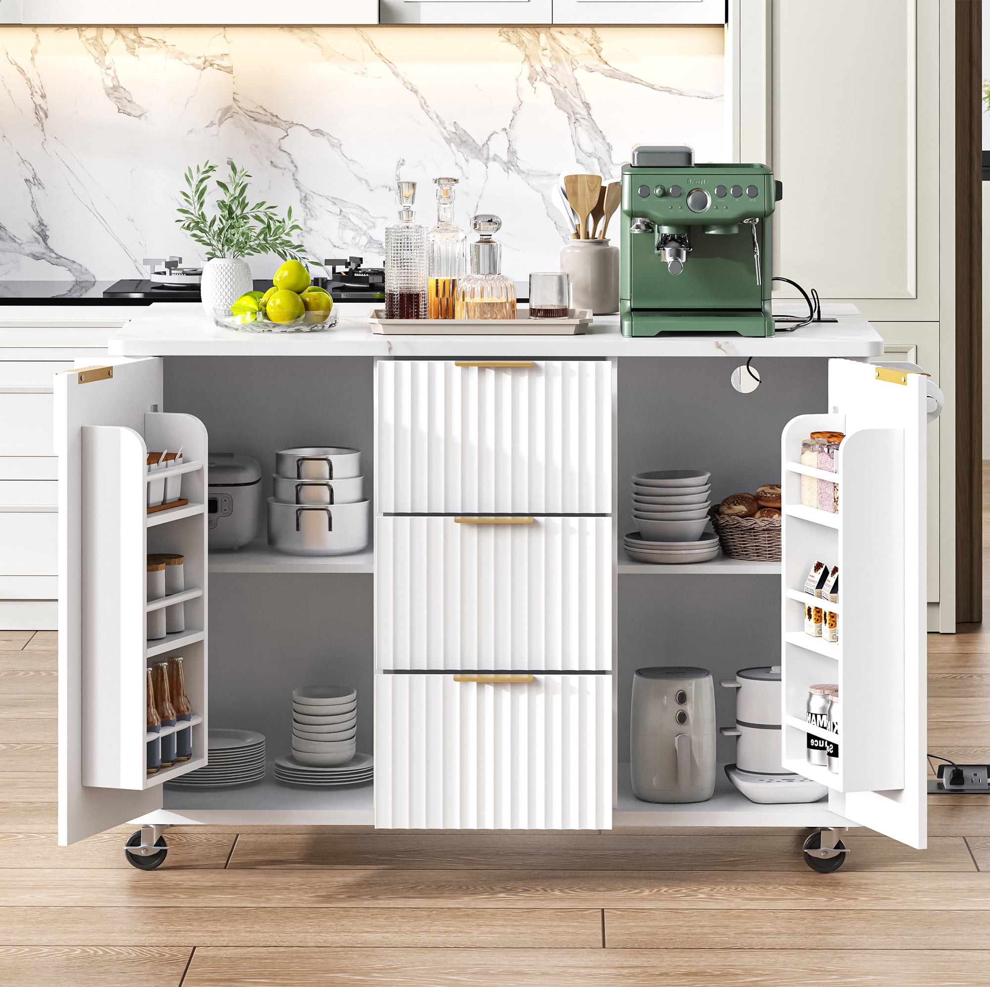Chords Attic 55.5" Fluted Kitchen Island with Drop Leaf, Power Outlet, Storage-6 Door Shelves, Adjustable Shelves, Faux Marble Top, Curved Edge for Dining Room