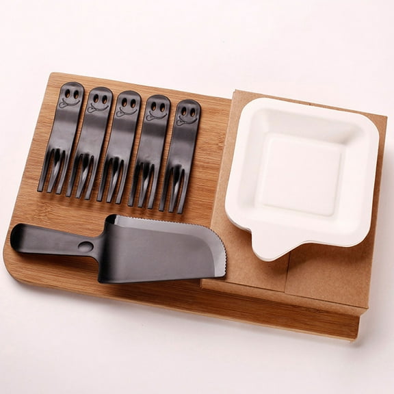 Set of 10 Cardboard Small Square Plate Plastic Disposable Black Smiley Face Tableware Party Cutlery Set with Folded Kraft Box