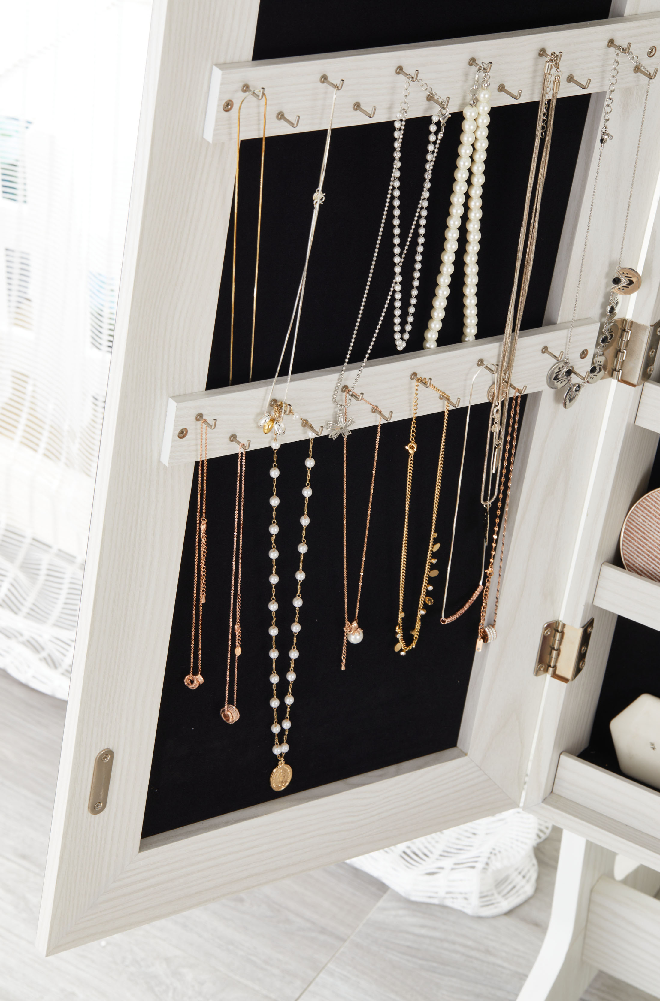 Yokukina Standing Jewelry Cabinet, Full-Length Frameless Mirror Armoire  White