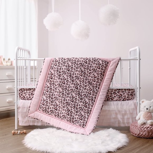 The Peanutshell Leopard Love Crib Bedding Set for Baby Girls, 3 Piece Nursery Set , Crib Comforter, Fitted Sheet, Crib Skirt