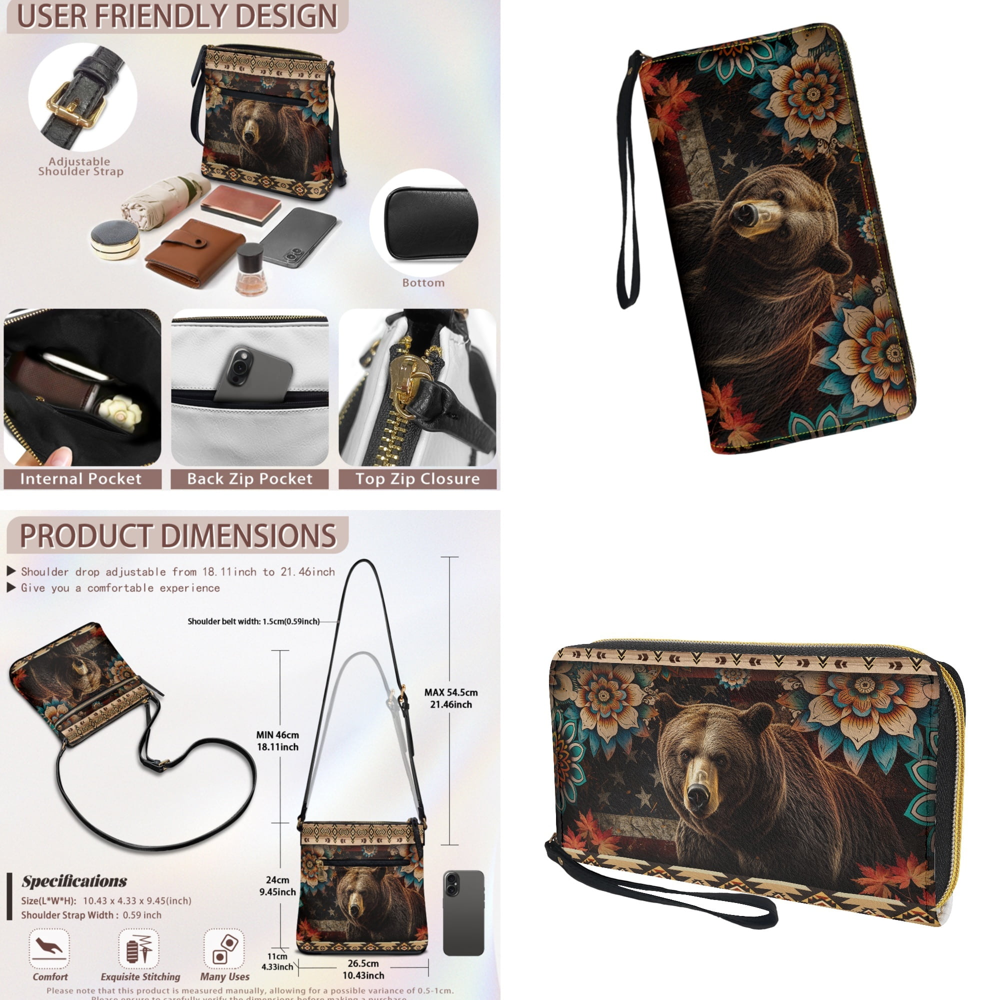 ZUXONGSY Aztec Bear Boho Mandala Print Women's Large PU Leather Crossbody Bag & Wallet Set, Satchel with Multi-Pocket Design, Adjustable Strap for Travel & Work